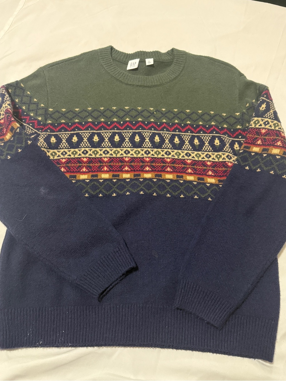 GAP Boys Crewneck Fair Isle Sweater in Olive & Navy with Multicolor Accents
